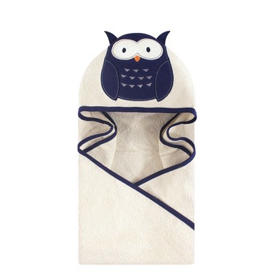 Hudson Baby Infant Cotton Animal Face Hooded Towel, Navy Owl, One Size