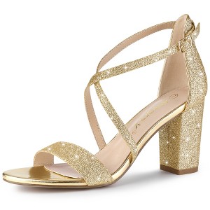 Allegra K Women's Glitter Buckle Closure Crisscross Strap Block Heels Sandals - 1 of 4