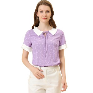 Allegra K Women's Contrast Doll Collar Polka Dots Short Sleeves Blouse - 1 of 4
