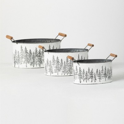 Sullivans Metal Tree Planters with Handles Set of 3, 7.5"H, 6.25"H & 5.5"H White