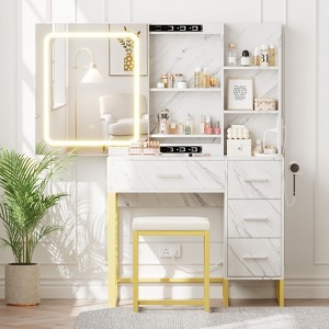 Vanity Desk with Mirror and Lights, Power Outlets, Wood Makeup Vanity Table with Cushioned Chair, Hairdryer Holder, 4 Drawers and 5 Storage Shelves - 1 of 4
