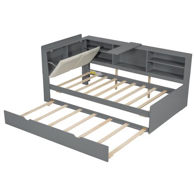 YNXARIA Gray Twin - Sized Wooden Bed Frame: Storage Headboard, Shelf and Smooth - rolling Rollers Included