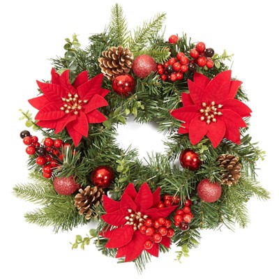 16" Christmas Wreath for Front Door,  Xmas Door Wreath with Balls, Artificial Flowers, Berries & Pine Cones for Fireplace Wall Window Table