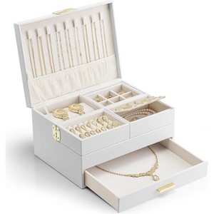 3-Layer Jewelry Box with Retractable Tray and Drawer, Cloud White - 1 of 4