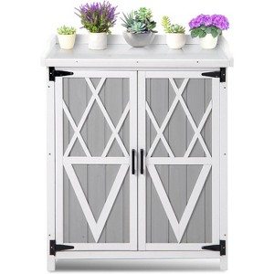 Waterproof Outdoor Storage Cabinet, Wooden Potting Bench Table with 2 Removable Shelves, Galvanized Metal Tabletop, Garden Work Station for Backyard, - 1 of 4