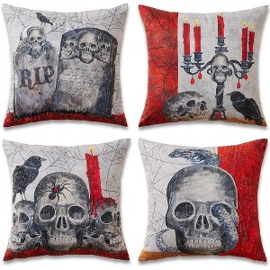 18" x 18" Velvet Tombstone Skull Crow Pattern Halloween Throw Pillow Cover - 1 of 4