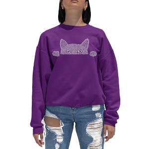 LA Pop Art Women's Word Art Crewneck Sweatshirt - Peeking Cat - 1 of 4