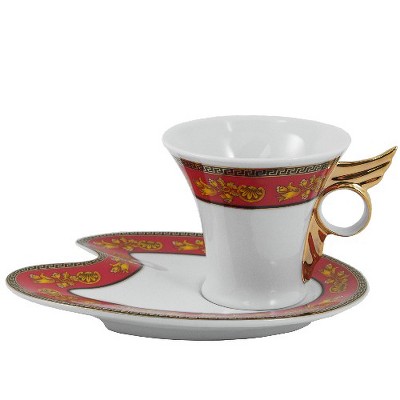 Red & Gold Leaf Angel Wing Porcelain Coffee Cup and Saucer Set 4 Pieces