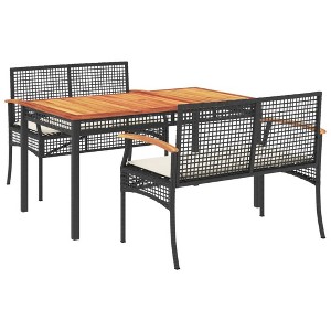 vidaXL Patio Dining Set with Cushions 3-Piece - Black Poly Rattan - Outdoor Garden Backyard Furniture - Table and Benches - 1 of 4