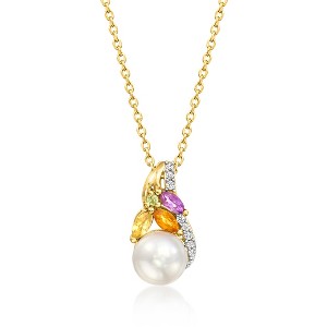 Ross-Simons 6.5-7mm Cultured Pearl and .30 ct. t.w. Multi-Gemstone Pendant Necklace in 18kt Gold Over Sterling Size 18 - 1 of 3