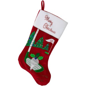Northlight 20" Red Velveteen Golf Themed Christmas Stocking with White Embroidered Cuff - 1 of 4