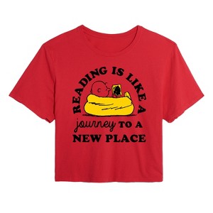 Women's - Peanuts - Reading Is Like A Journey To A New Place Cropped Graphic T-Shirt - 1 of 4