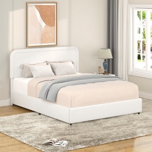 Queen Size Platform Bed With 4 Drawers Queen Upholstered Bed Frame With Curved Stitched Tufted Headboard, No Box Spring Needed, Ivory - 1 of 4