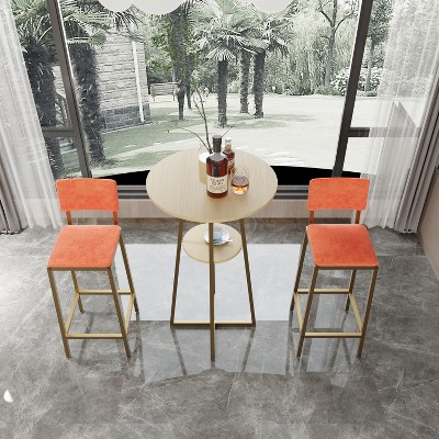 CIPACHO Bar table and chairs three piece set, gold frame, sponge made seat cushions and backrests, (gold+beige+orange cushion)