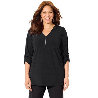 Catherines Women's Plus Size Petite Dream Drape Zip V-Neck Top