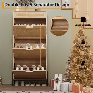 Natural Rattan 3 Flip Drawers Shoe Cabinet with 1 Pull-Out Drawer, Narrow Shoe Storage Cabinet with 3-Tier Adjustable Shelves, Freestanding Shoe Rack - 1 of 4