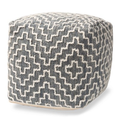 Benjamin Bohemian Ivory Handwoven Cotton Blend Pouf Ottoman Gray/Ivory - Baxton Studio