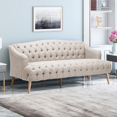 Okak Comfy Velvet Sofa 1pc with Tufted Backrest, Wooden Legs Modern Loveseat Couch 3-seat for Apartments, living Room, Study, Beige