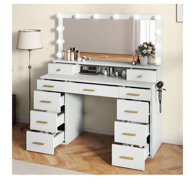 Makeup Vanity Desk Set with Mirror and Lights Big Makeup Vanity with Power Outlets & 11 Drawers 3 Lighting Modes Adjustable Bedroom Dressing Table