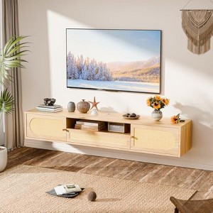 VINGLI 58" Rattan Floating TV Stand, Wall Mounted Entertainment Center with Storage and Drawer, Media Console , Natural Oak - 1 of 4