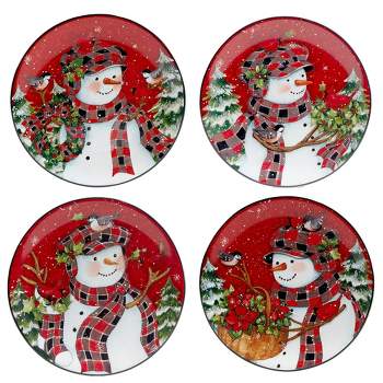 Set of 4 Christmas Lodge Snowman Dining Dessert Plates - Certified International