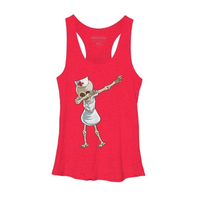 Women's Design By Humans Halloween Dabbing Funny Skeleton Nurse RN Costume Gift By COVI Racerback Tank Top