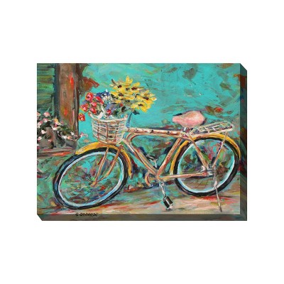 Cottage Garden West of The Wind Teal Bicycle Colorful 40 x 30 Inch Waterproof Gallery Wrapped Canvas, Outdoor Garden, Yard, Patio All Weather Hanging
