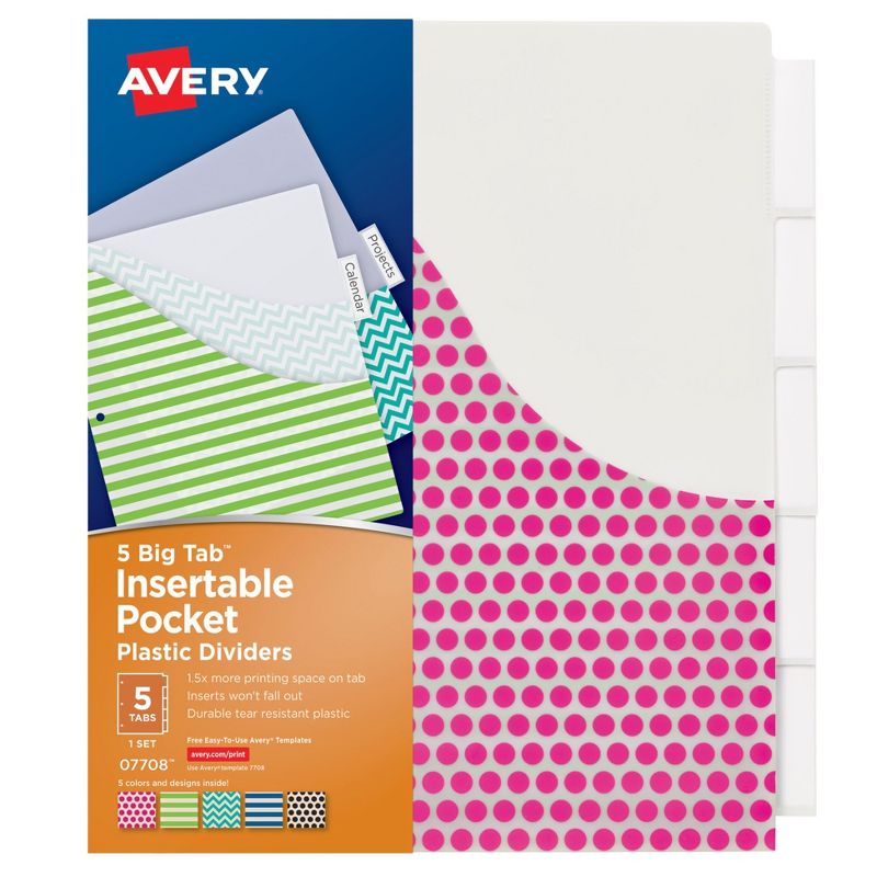 Avery® Big Tab™ Insertable Plastic Dividers with Pockets, 5-Tab Set, Assorted Designs, 6 Sets, 2 of 3