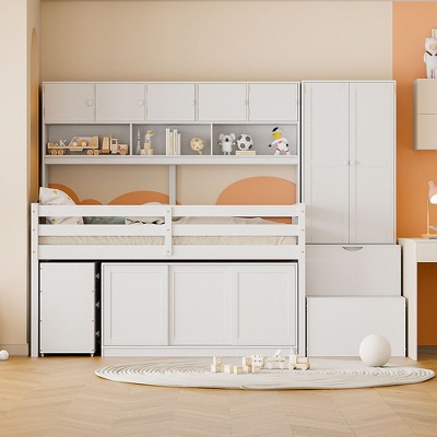 TiramisuBest Full Size Wooden Loft Bed Big Storage with Under-bed Desk, with Drawers,with Shelves,Gray