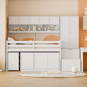 TiramisuBest Full Size Wooden Loft Bed Big Storage with Under-bed Desk, with Drawers,with Shelves,Gray - 1 of 4