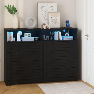 Dresser for Bedroom Deep Drawers, 55 Inch Tall Wooden Bedroom Dressers with Power Outlet and Led Lights