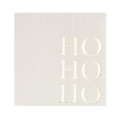 Cocktail Napkins - 50-Pack Disposable Paper Napkins, Christmas Holidays Dinner Party Supplies, 3-Ply, Ho Ho Ho in Gold Foil Design, White, Folded 5x5"