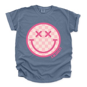 Simply Sage Market S.W.Smiley Pink Checker Smiley Face Garment Dyed Tee - 1 of 4