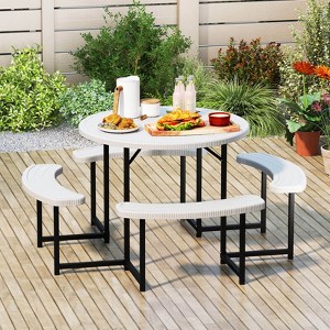 Costway Round Picnic Table Bench Set with 4 Benches Umbrella Hole All Weather Tabletop White/Green/Gray/Black - 1 of 4