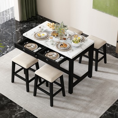 KWPZQEB 5-Piece Dining Table Set for 4, Counter Height Dining Set with Storage Drawers&4 Upholstered Chairs, Space-Saving Dining Table Set for Kitchen