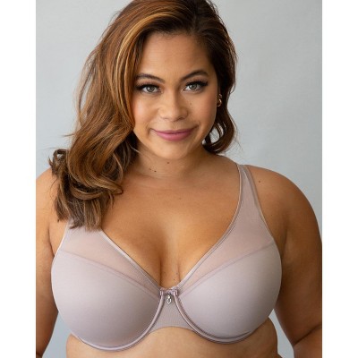 Curvy Couture Women's Sheer Mesh Plunge T-shirt Bra Bark 34DDD