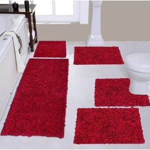 Bell Flower Collection Tufted Bath Rugs, Extra Soft and Absorbent, Non-Slip Bath Mats, Machine Washable Bathroom Mats, 5 Piece Set with Runner, Red - 1 of 4