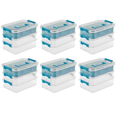 Sterilite Stack and Carry 3 Layer Handle Box and Tray, Plastic Small  Storage Container with Latch Lid, Organize Crafts, Clear with Blue Tray,  12-Pack