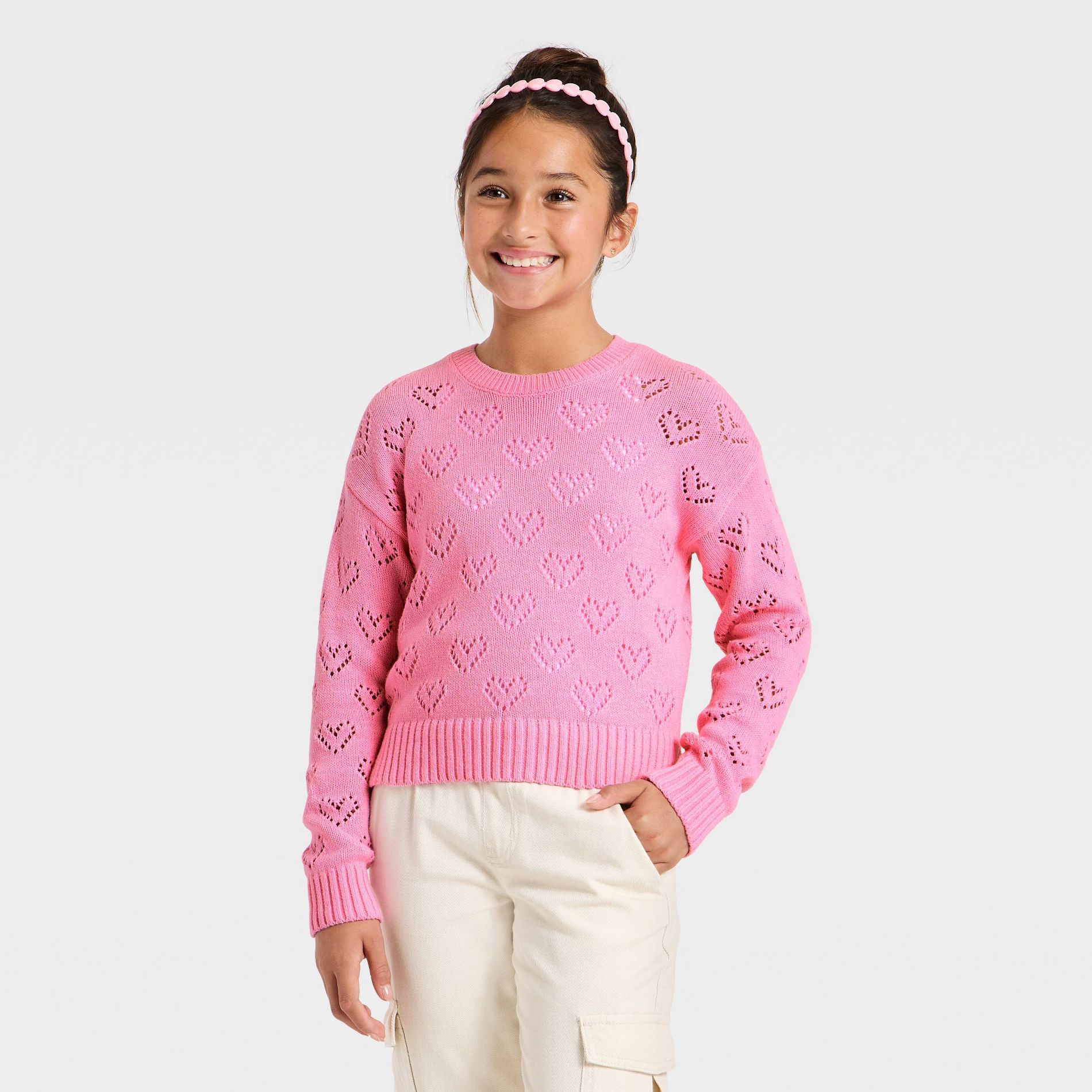 Girls' Pointelle Heart Sweater - Cat & Jack™ Pink