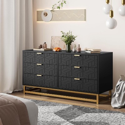 Dresser for Bedroom, 53.5” Large Dresser Organizer, 6 Drawer Dresser with Golden Metal Handle and Legs