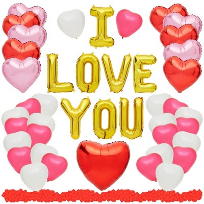Sparkle and Bash 48 Piece I Love You Heart Balloon Set with 1000 Silk Rose Petals for Valentines, Anniversary, and Wedding