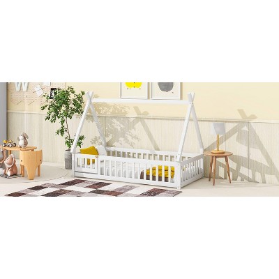 CAVINAS Twin Size Tent-Shaped Floor Beds with Slat&Guardrail,Wooden Canopy Toddler Bed Frames,Floor Bed Frame for Kids,Girls&Boys,White