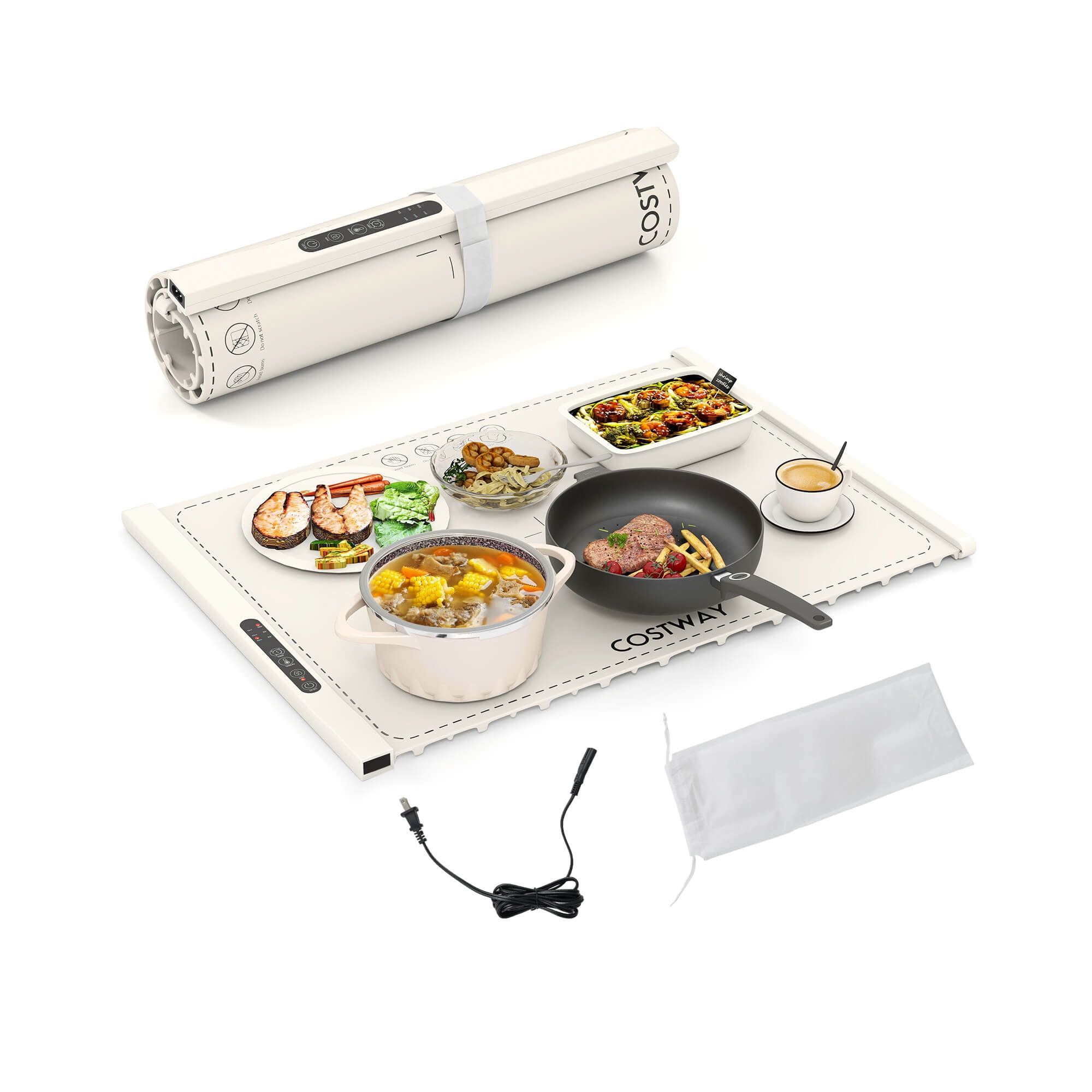 Costway Rollable & Portable Electric Warming Tray with Fasting Heating Timer Auto Shut-Off White
