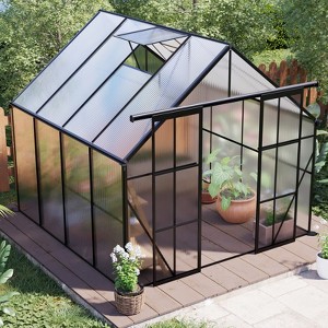 VYNXARIA 8*8FT Double Door Polycarbonate Greenhouse Raised Base and Anchor Aluminum Heavy Duty Walk-in Greenhouses in All Season,Black - 1 of 4