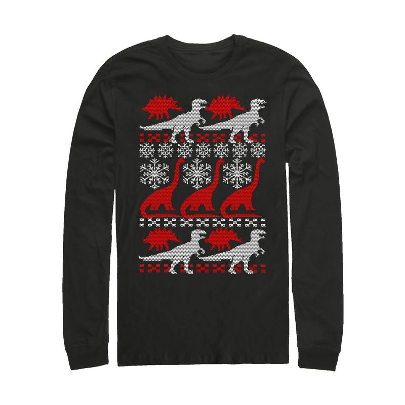 Men's Lost Gods Ugly Christmas Dinosaur Print Long Sleeve Shirt, 1 of 4