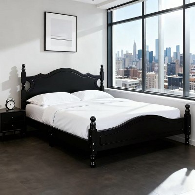 Homy Casa Solid Wood Bed Frame with Turned Posts and Curved Headboard, for Bedroom or Guest Room, Black