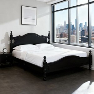 Homy Casa Solid Wood Bed Frame with Turned Posts and Curved Headboard, for Bedroom or Guest Room, Black - 1 of 4