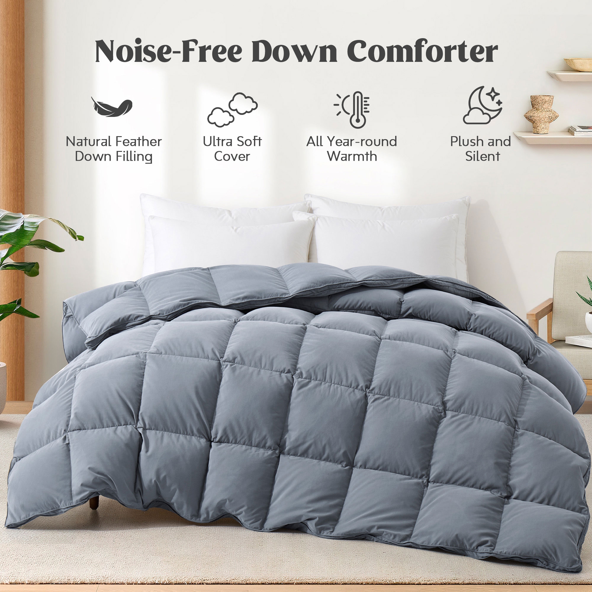 Peace Nest Ultra Soft Noiseless Down Comforter, Natural All Season Duvet Insert, Dark Gray Gusset, King, 104x90"