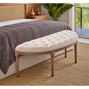 Kumasinova 56" Semi-Circular Tufted End of Bed Bench, French Style Entryway Bench with Distressed Grooved Legs,Ottoman Bench Seat for Bedroom,Beige - 1 of 4