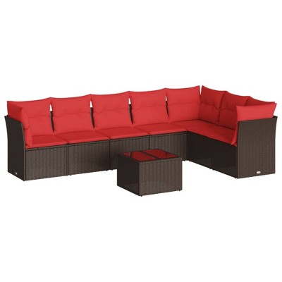 vidaXL Patio Sofa Set with Cushions Outdoor Furniture 8 Piece Poly Rattan - Brown and Red With Table
